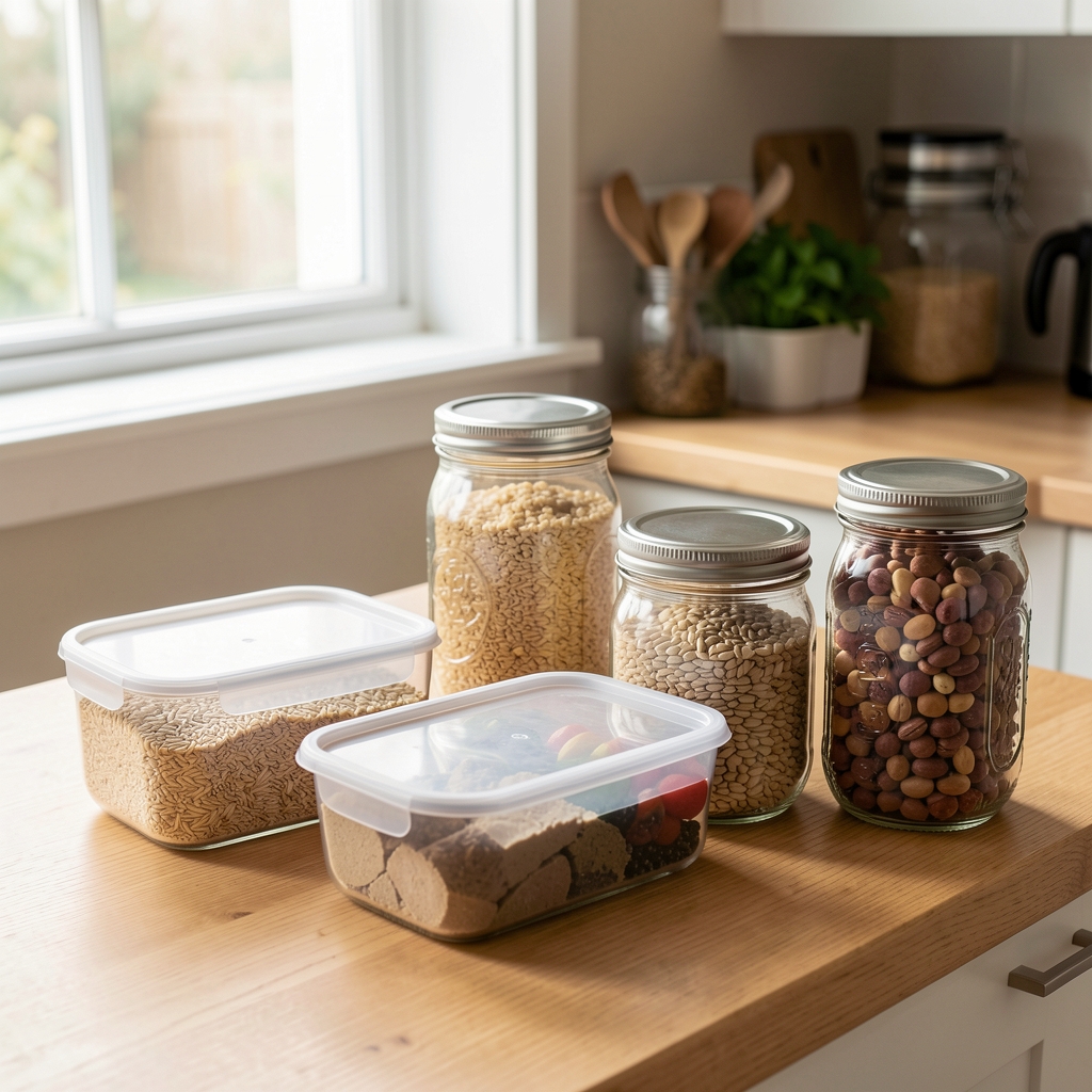 Weekly meal prep containers arranged on a clean wooden kitchen counter, glass jars with grains and legumes, natural light from window