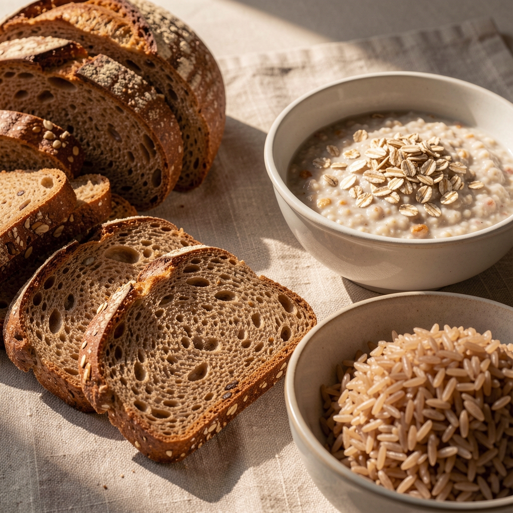 Close-up of assorted whole grain bread slices, oat porridge bowl, and brown rice on a linen tablecloth with morning light streaming across