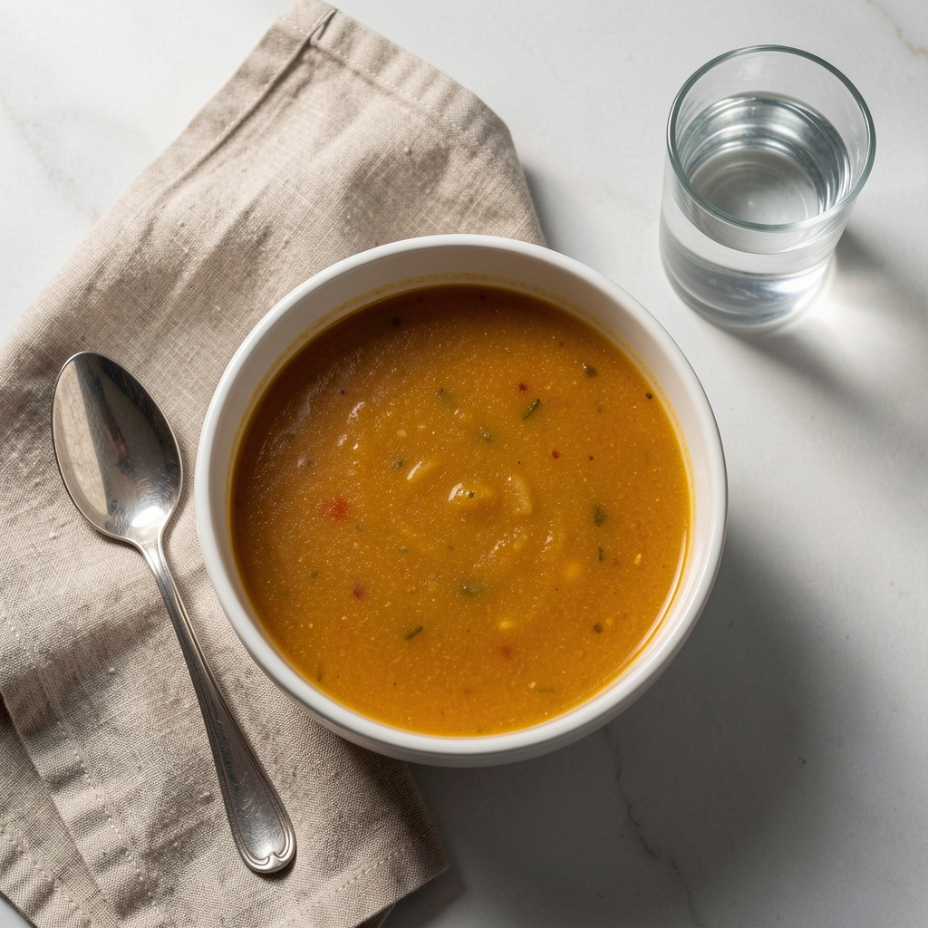 Simple bowl of warm soup with a spoon resting on a linen cloth beside a glass of water, viewed from above in soft natural light